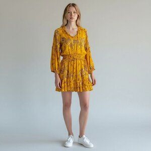 Poupette St. Barth Ilona Long-sleeve Mini Dress in Yellow Pineapple, Size XS